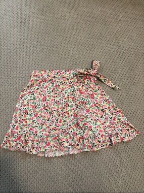 Urban Outfitters Floral Wrap Mini Skirt with Ruffles and Bow Preppy Pink